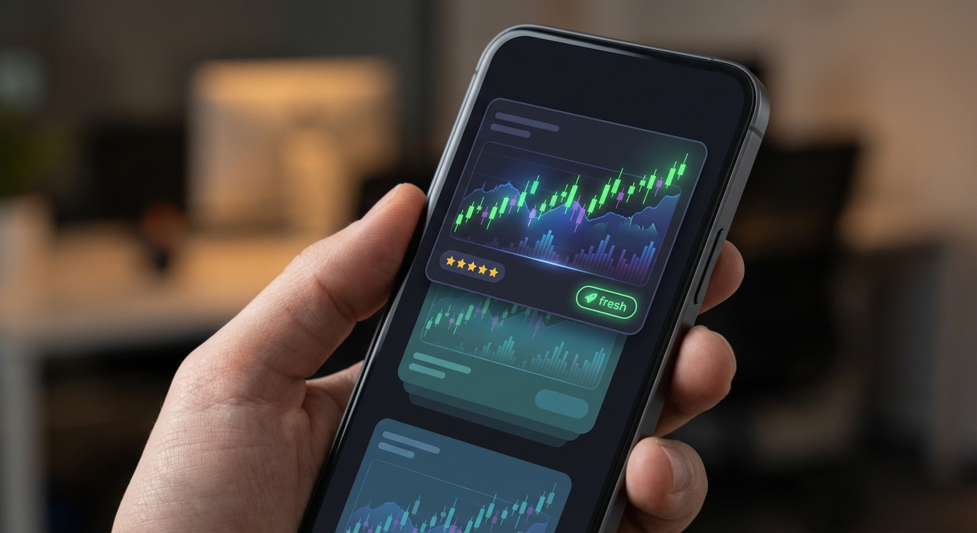 Mobile stock screener interface showing ranked trading opportunities with quality indicators and technical setups
