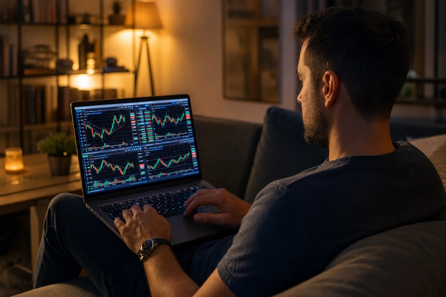 Trader reviewing stock charts on laptop at home in the evening for after-hours swing trade analysis