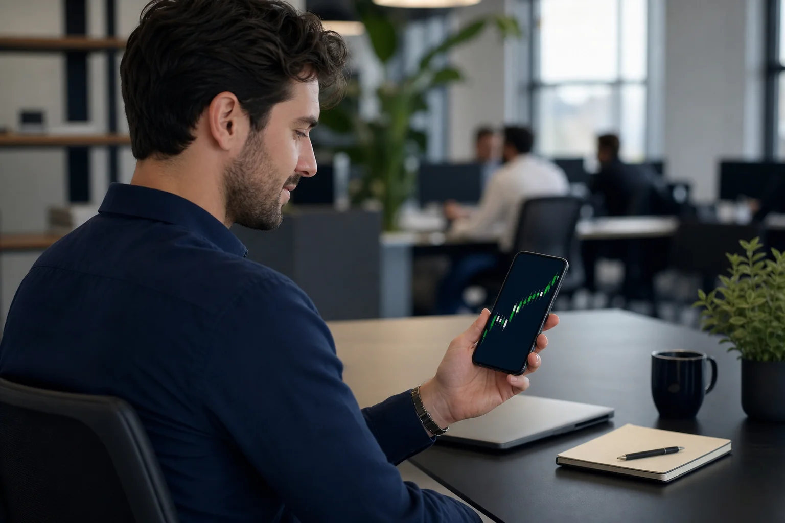 Swing trader checking daily chart stock alerts on a smartphone during a work break