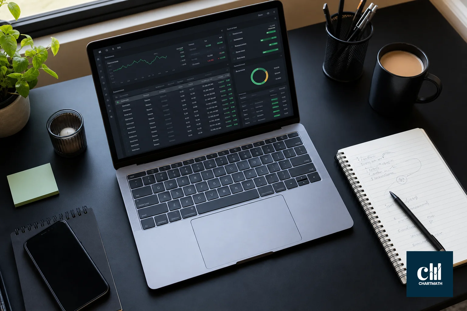 A trader's desk setup with a laptop showing a screening/backtesting dashboard and a notebook with handwritten trading rules. photorealistic photo of a modern desk workspace from above, a laptop open showing a stock screening dashboard