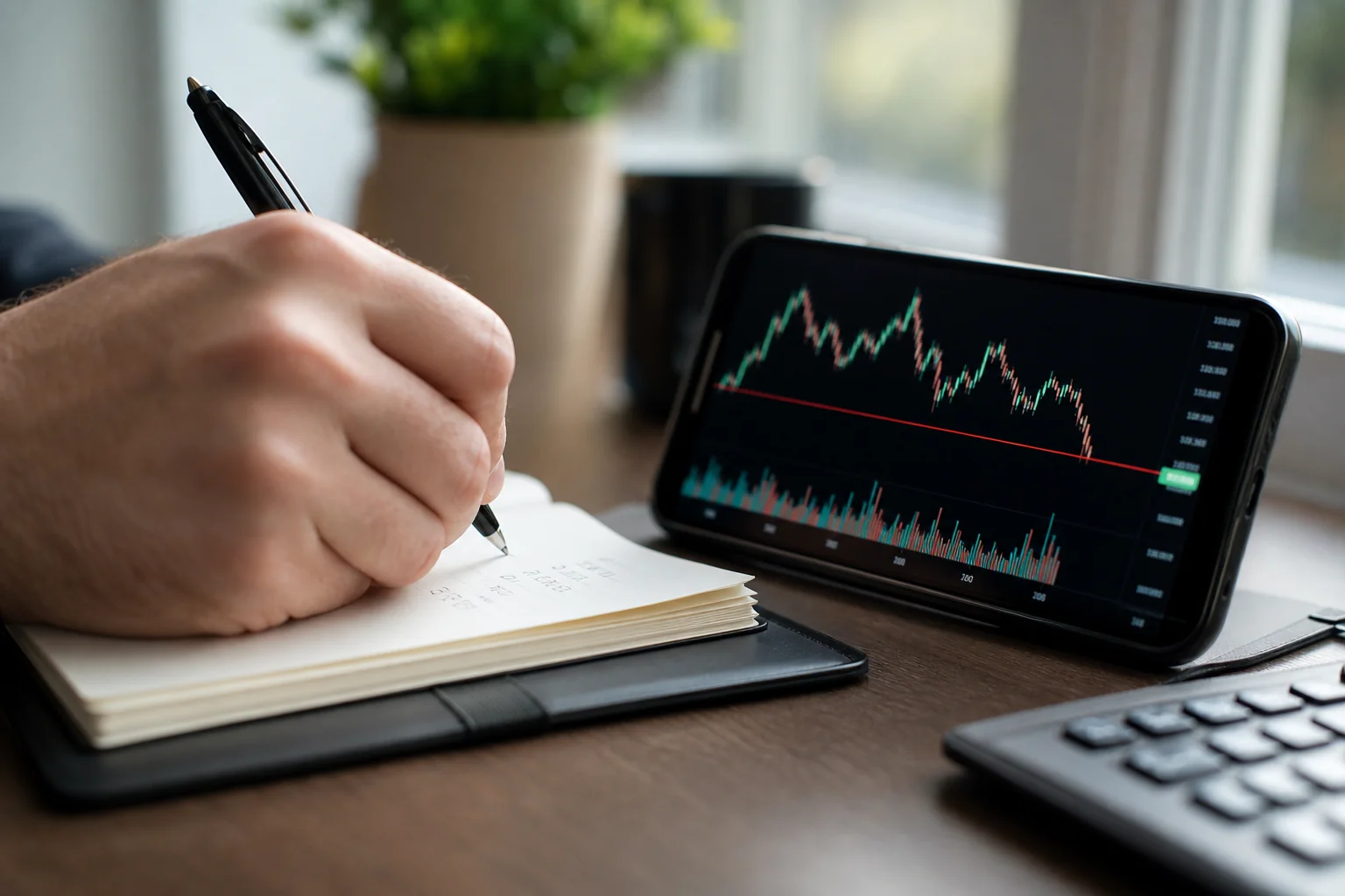 Close-up of a hand writing or setting a stop-loss level on paper next to a phone showing a chart, symbolizing pre-committing to risk before entry. Photorealistic close-up photo of a person's hand writing numbers in a small notebook next to