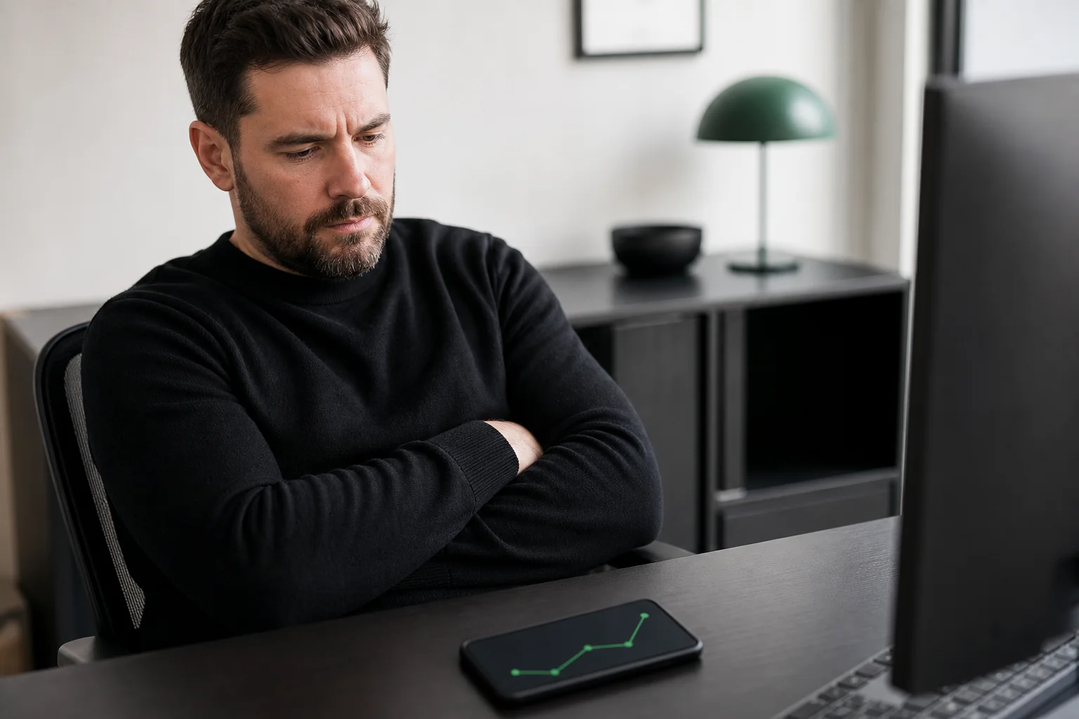 Photorealistic photo of a thoughtful adult trader leaning back in a chair, arms crossed, looking skeptically at a smartphone lying on the desk showing a simple green trade performance chart with only a handful of data points, home office
