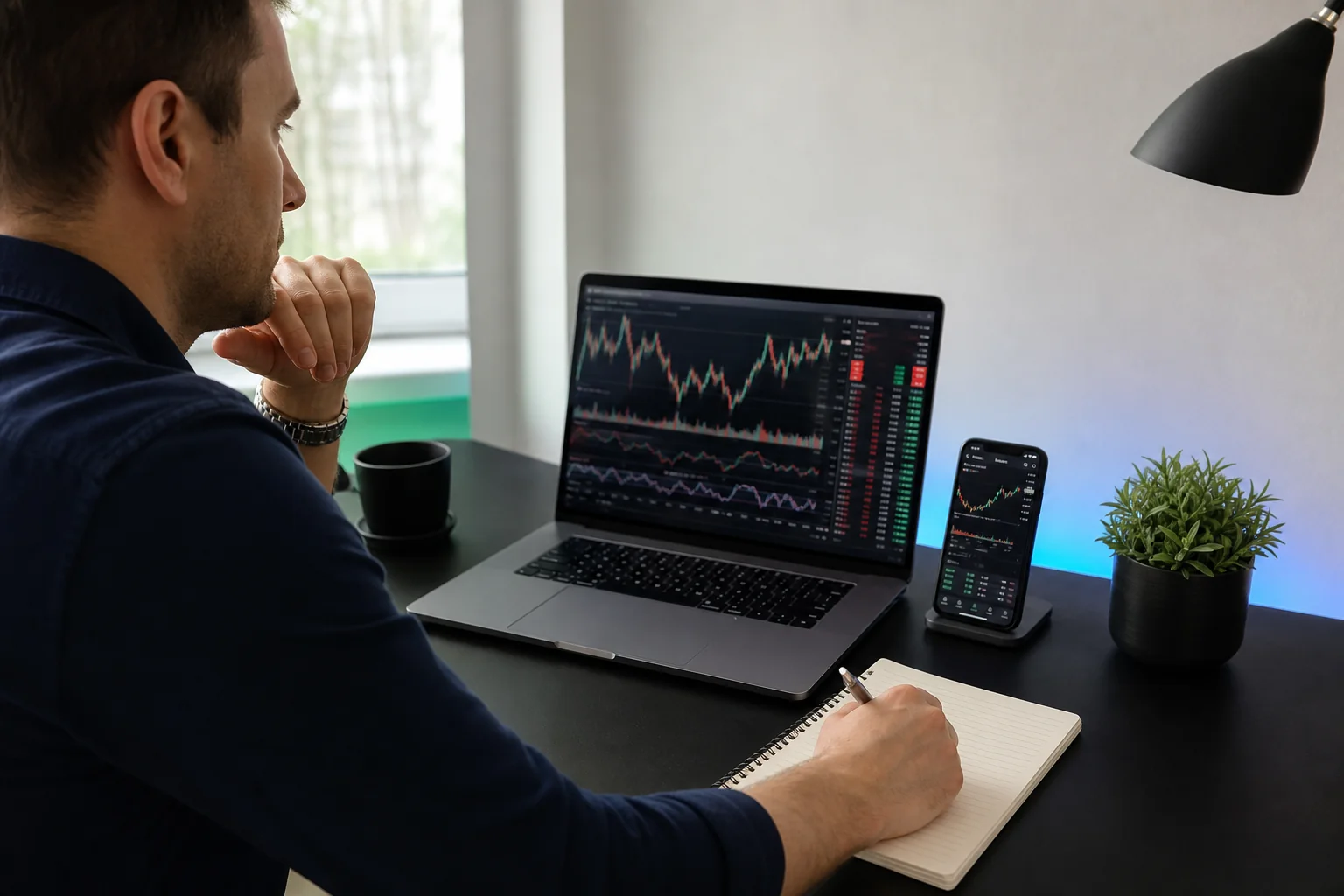 Photorealistic photo of an adult trader at a clean desk reviewing trading data across a laptop screen and a smartphone placed side by side, both showing organized chart and stats interfaces, calm focused body language, notebook and pen