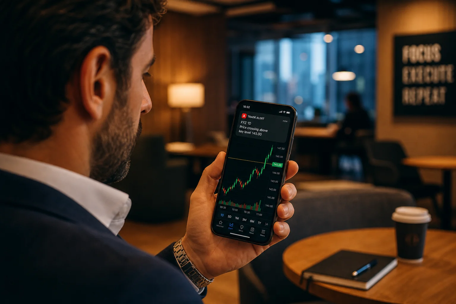 Day trader receiving a real-time VWAP reclaim alert on mobile phone while away from desk