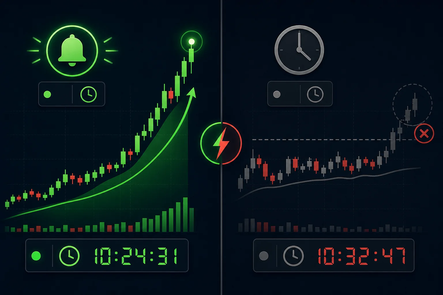 Comparison of real-time VWAP scanner catching a live momentum move versus a delayed end-of-day screener missing the entry
