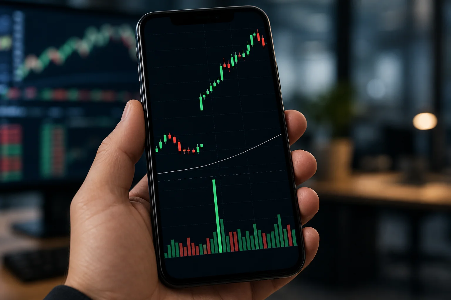 Smartphone showing premarket gap-up and relative volume spike on a stock chart