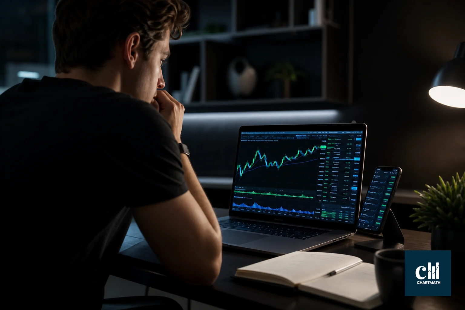 Trader reviewing a curated watchlist of AI and semiconductor stocks on a laptop and phone. photorealistic photo of a focused trader at a home desk in the evening, laptop showing stock ticker charts with green and blue accent highlights, a