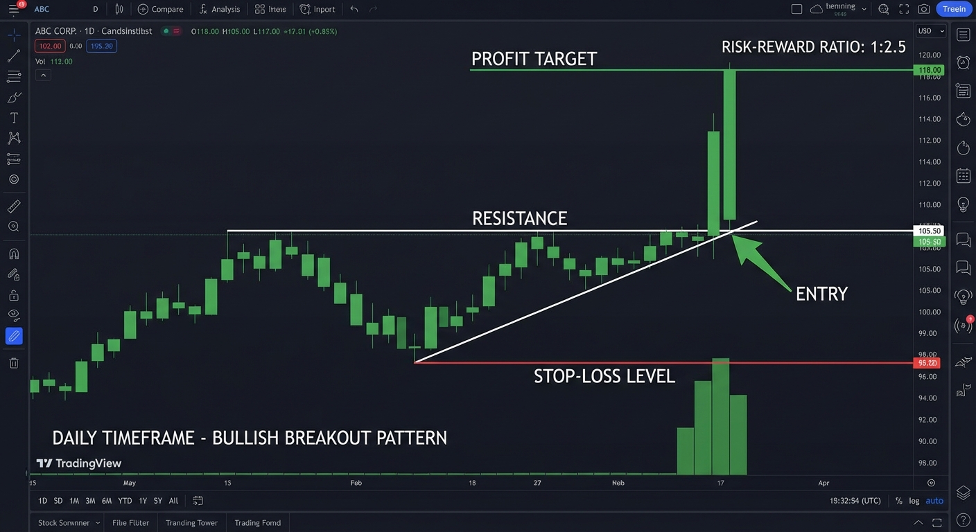 Stock chart showing swing trading breakout setup with entry point, stop-loss, and profit target levels clearly marked
