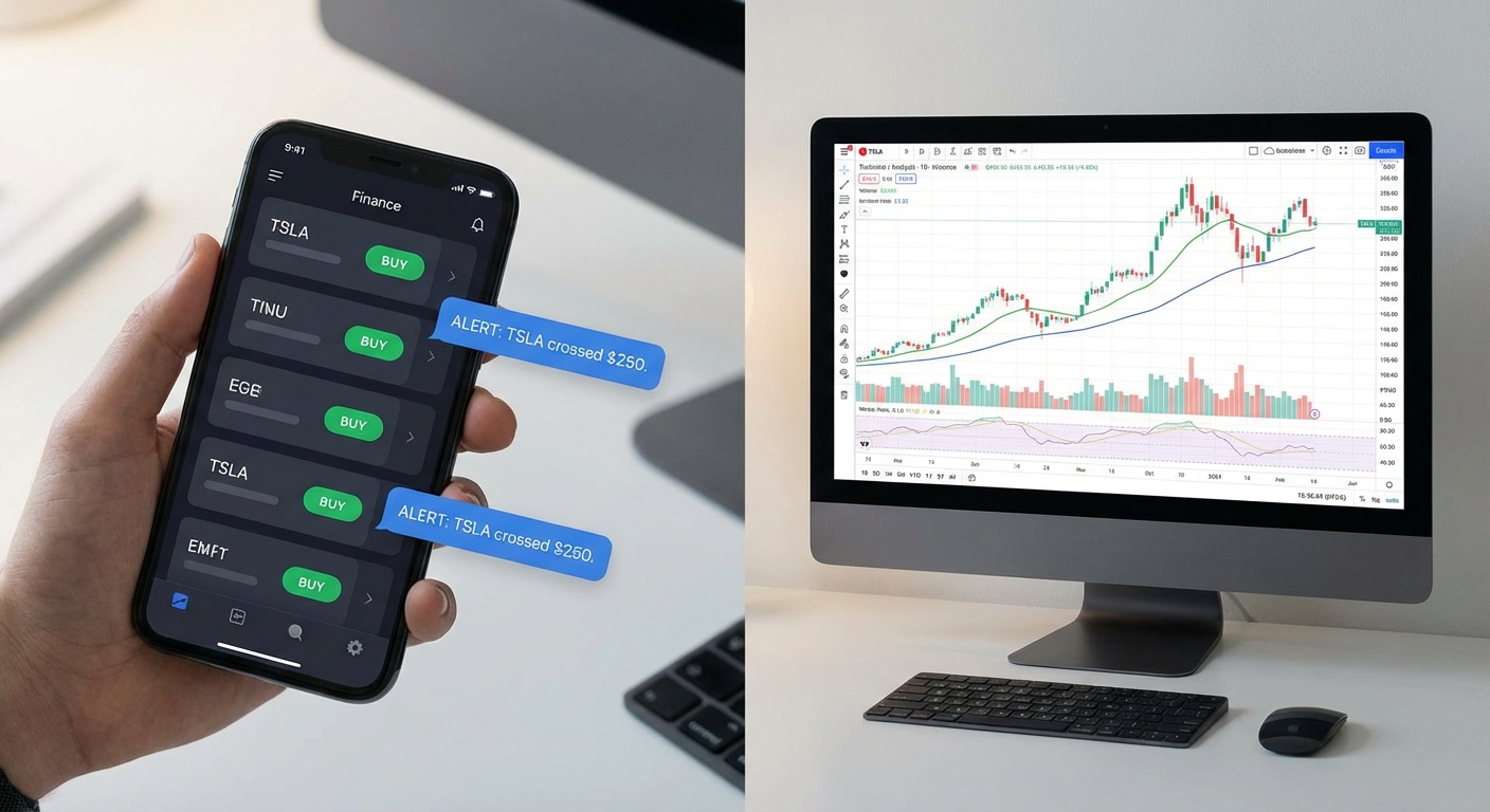 Mobile trading app and desktop charting platform integration showing seamless swing trading workflow