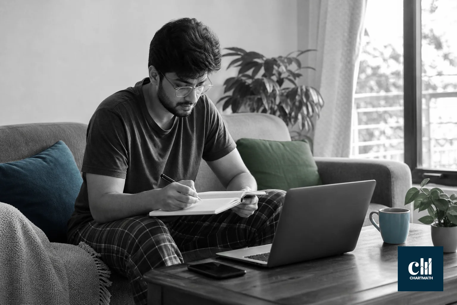 Relaxed weekend review at home with a notebook and phone, unhurried. photorealistic photo of a person sitting on a couch at home on a weekend morning in India, wearing casual clothes, reviewing notes in a notebook next to a smartphone and