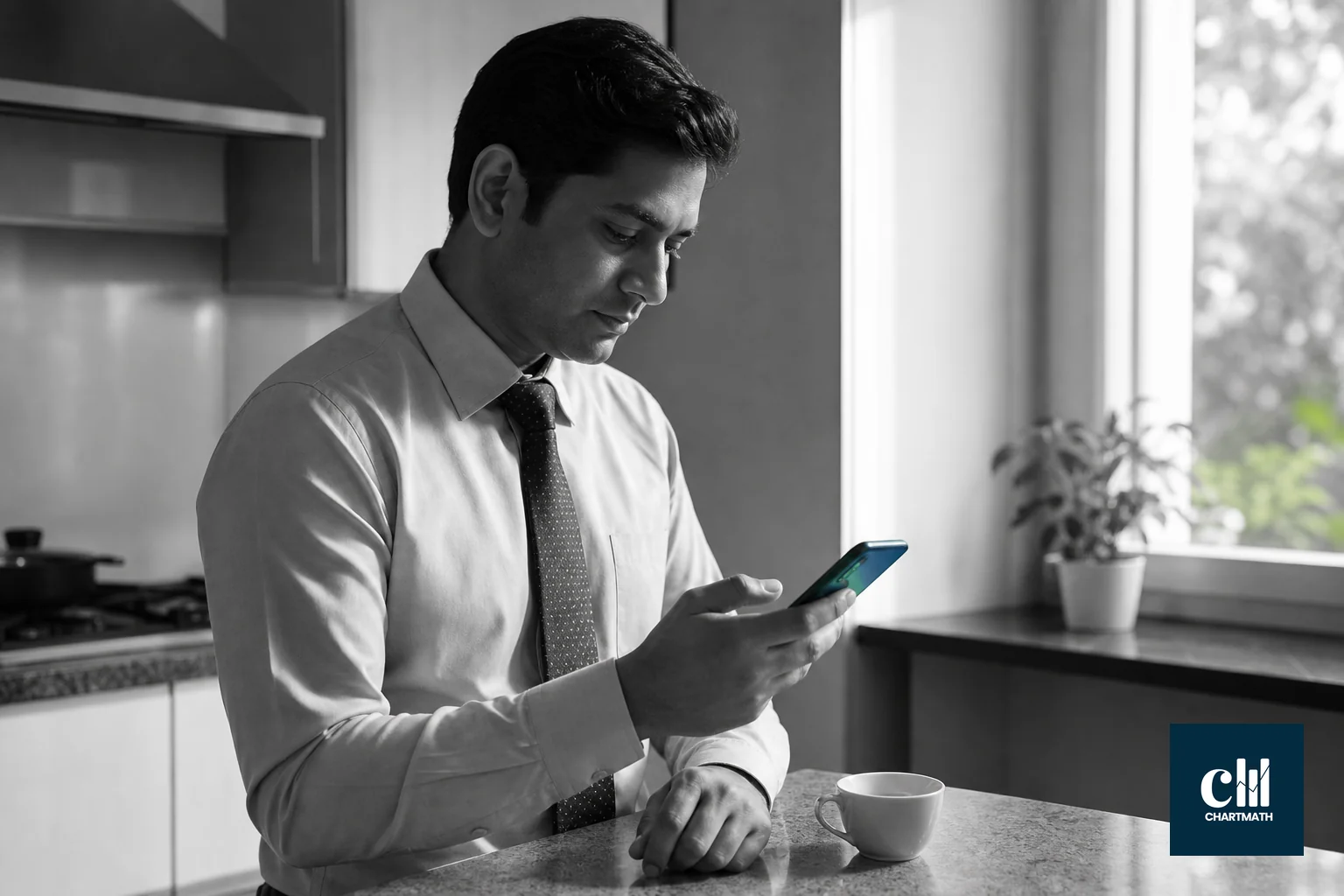 Early morning routine, coffee and phone before the workday starts, calm and quick. photorealistic photo of an Indian professional at home early in the morning, holding a smartphone at a kitchen counter with a cup of chai, soft warm morning