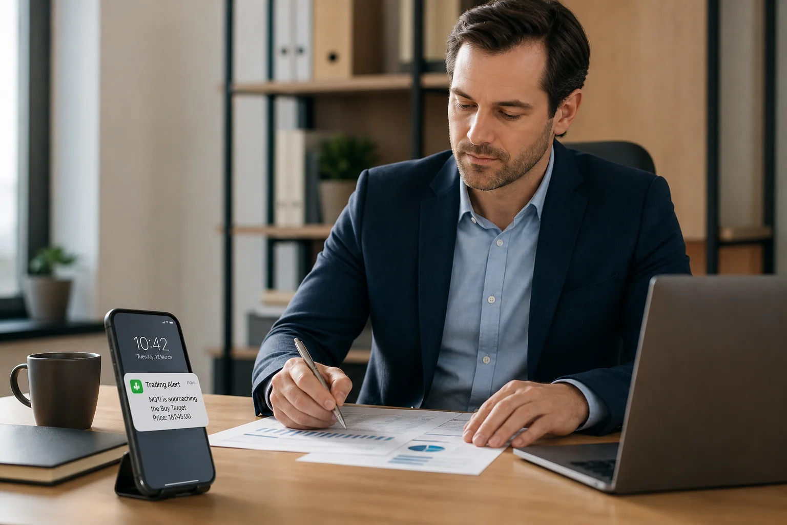 Professional working at a desk with a smartphone nearby showing a trading alert notification, managing a swing trade position without watching screens all day