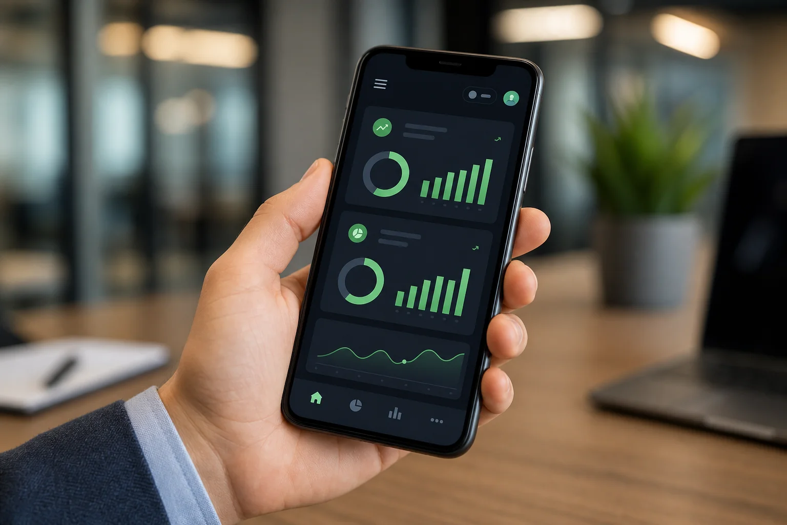 Trader reviewing win rate and average return metrics on a mobile analytics card before sizing a position add