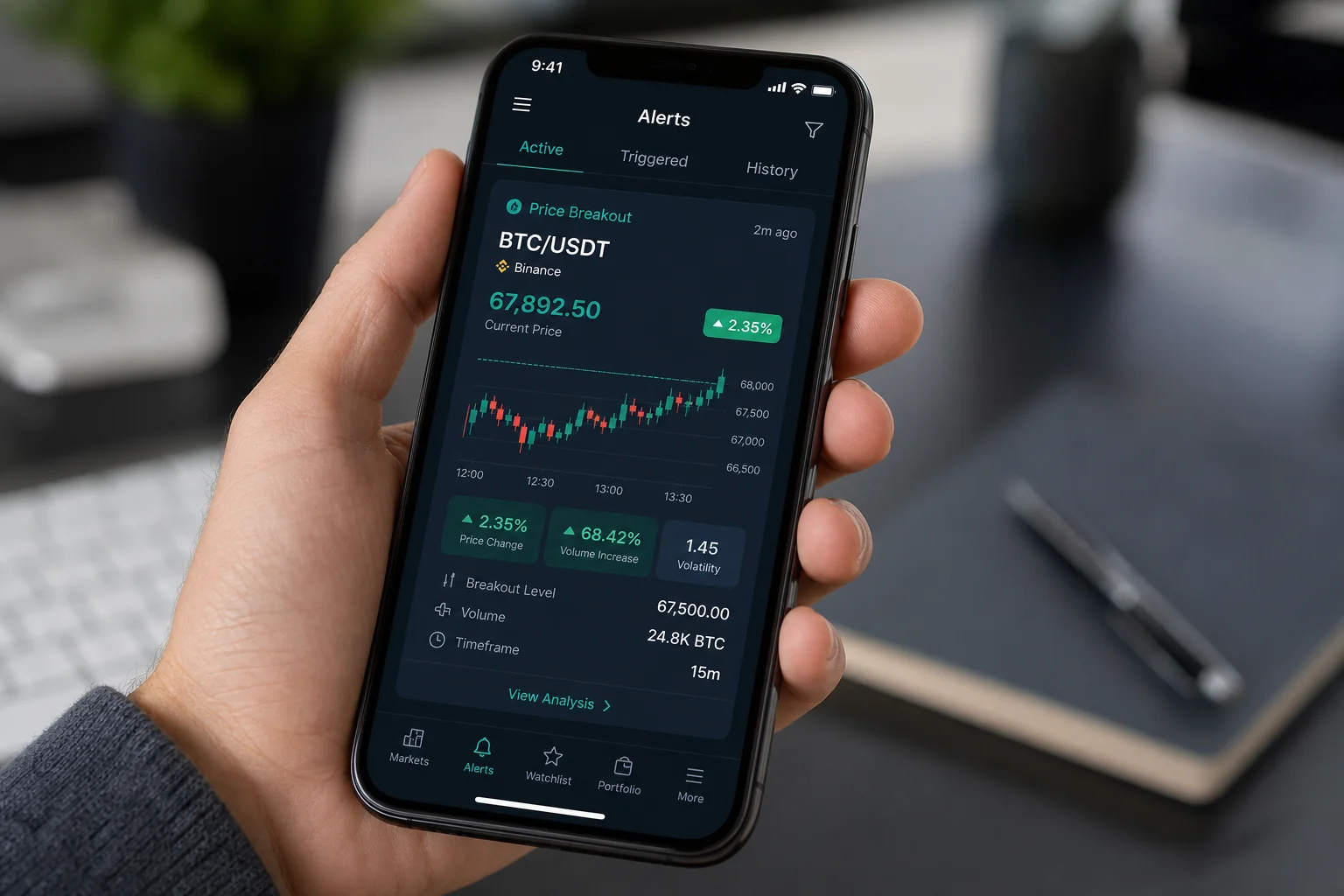 Mobile phone displaying a ChartMath trading alert card with backtest win rate statistics and setup details