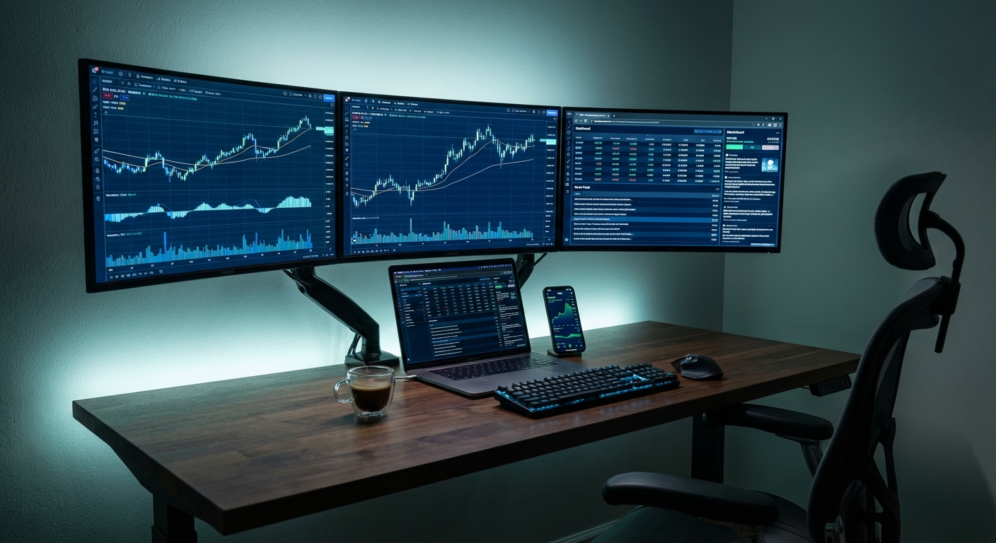 Modern data driven stock trading workspace with multiple monitors displaying technical analysis charts and real-time market data