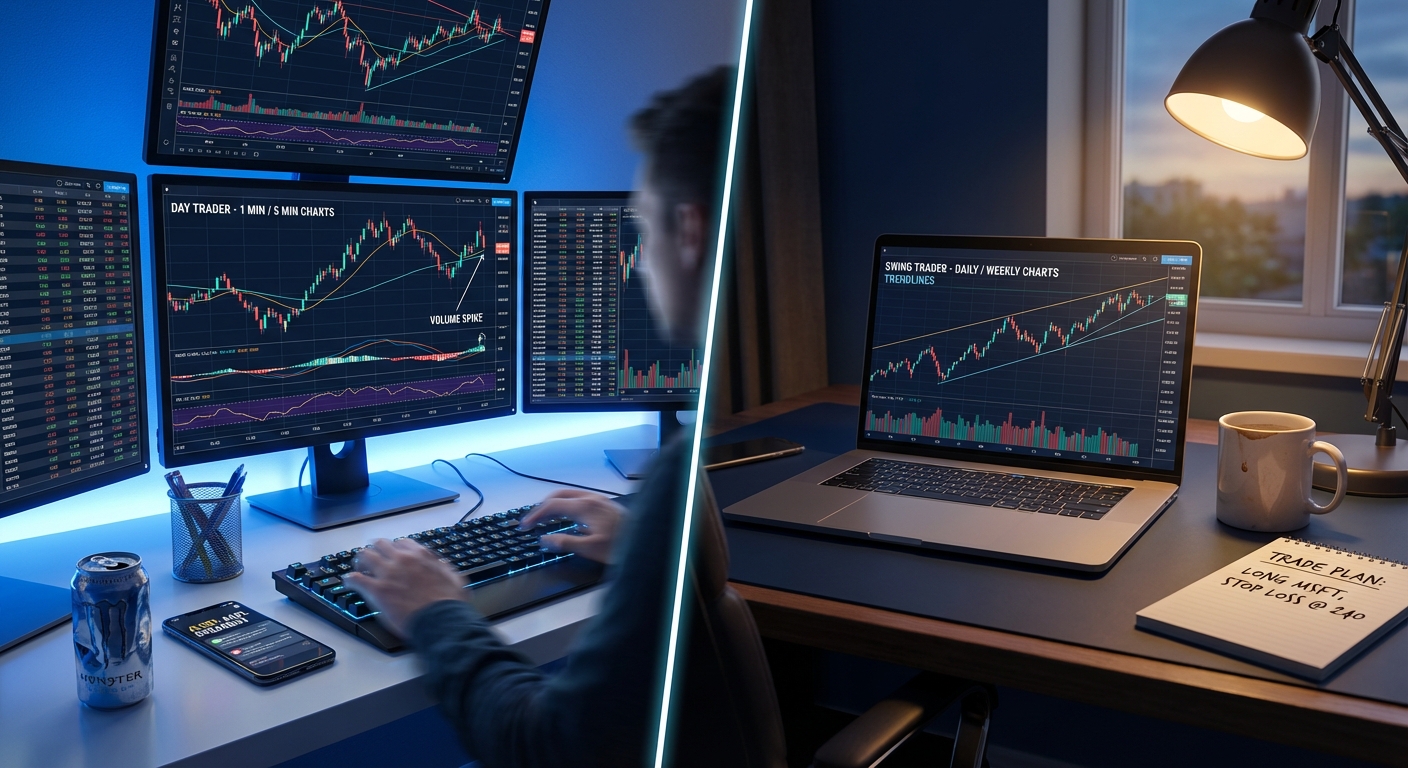 Side-by-side comparison of day trader and swing trader workspace configurations showing different tool setups