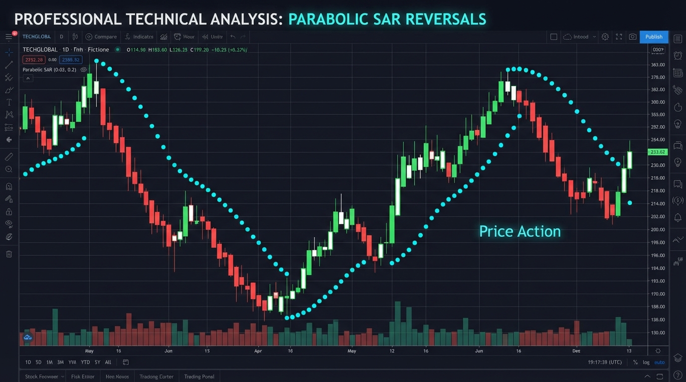Stock chart displaying Parabolic SAR indicator with trend reversal dots and momentum shift