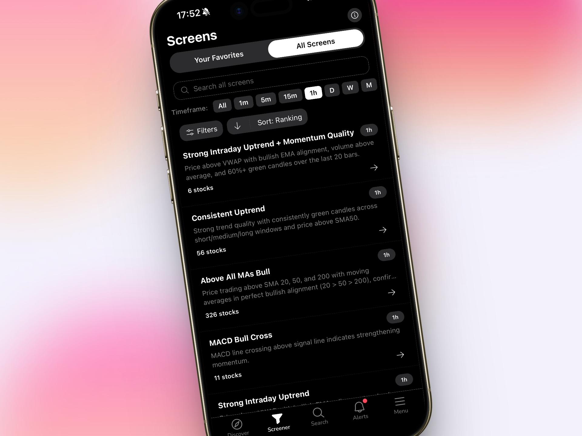 Mobile trading app interface showing real-time technical setup alerts and scanning results