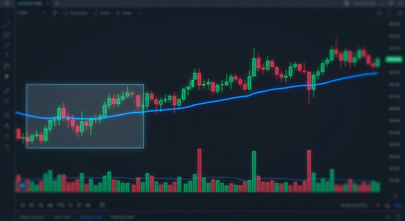 multiple technical indicators layered together on a stock chart showing VWAP, volume, and opening range