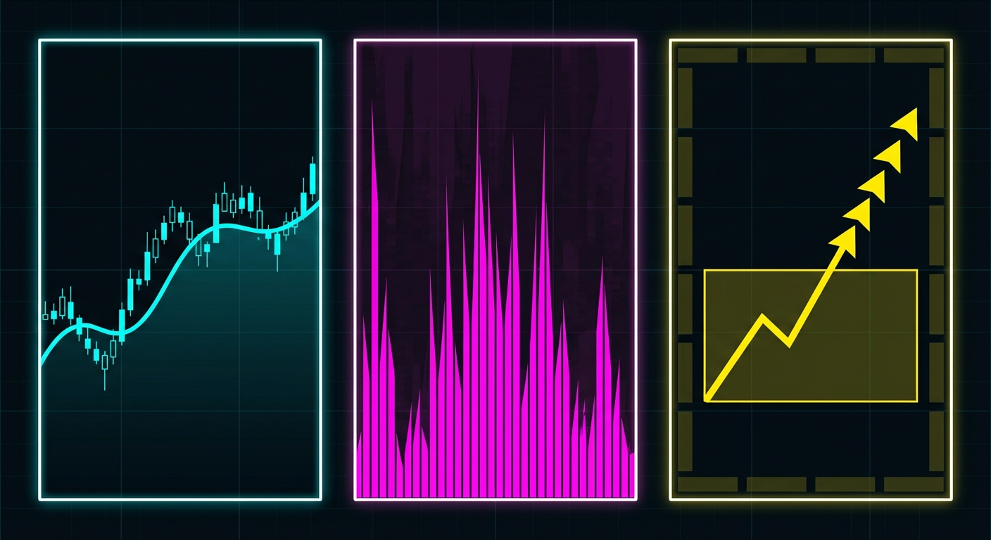 side-by-side comparison of VWAP, RVOL, and ORB technical indicator patterns on stock charts