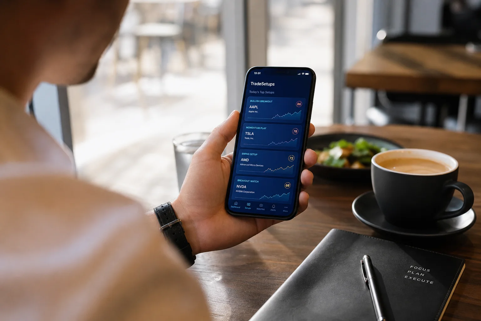 Professional trader reviewing stock setup alerts on a mobile phone during a lunch break at a café