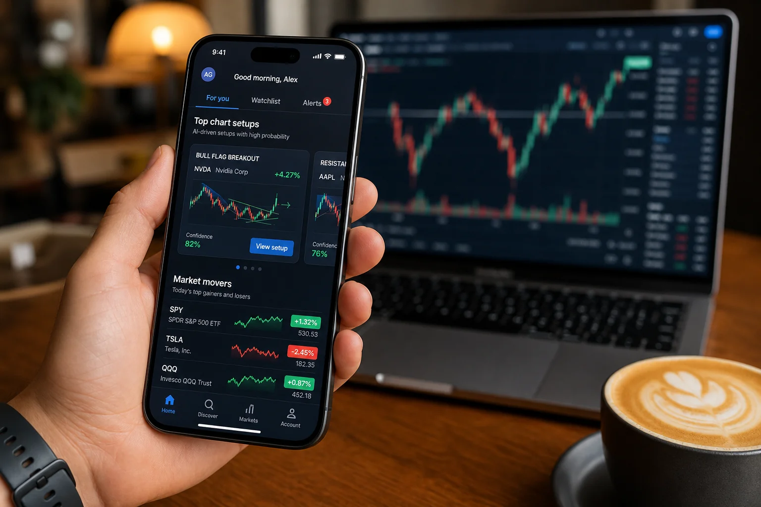 Mobile-first stock trading app on smartphone alongside laptop charting platform