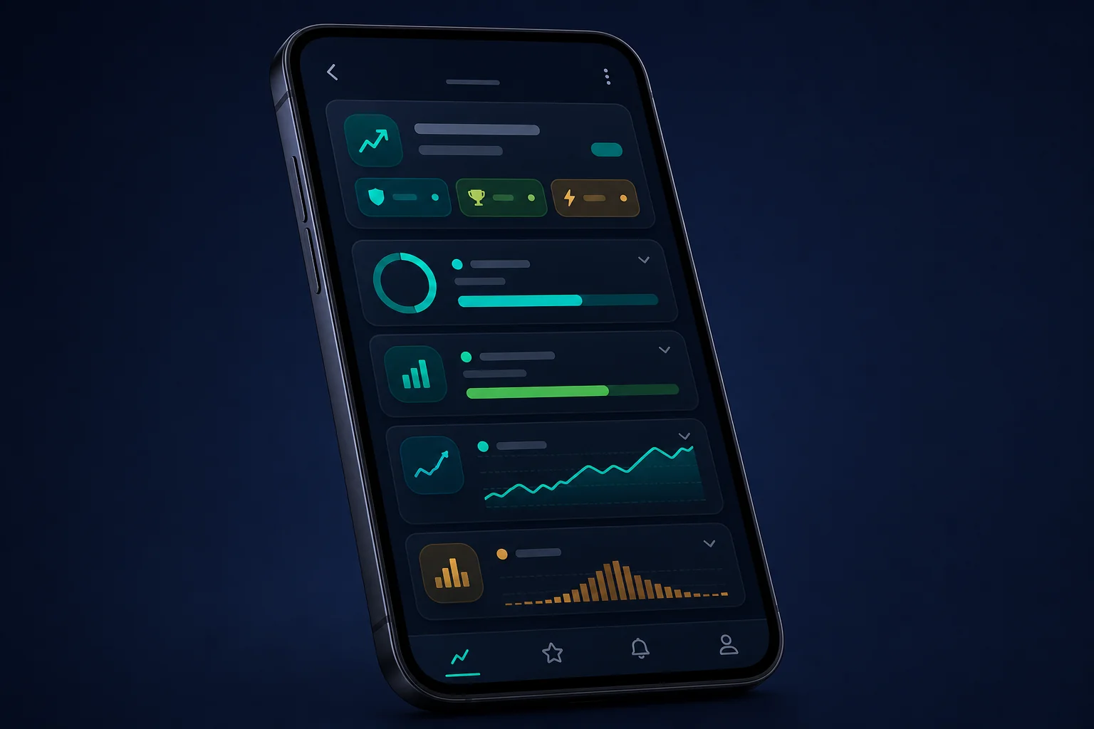 Mobile trading app interface displaying multiple trading metrics including win rate, average return, equity curve, and profit factor
