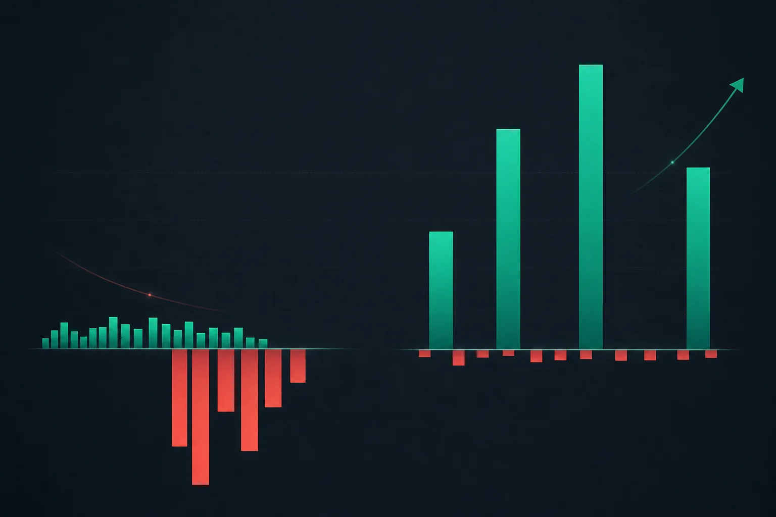 Bar chart comparison showing high-frequency small wins overwhelmed by large losses versus infrequent large wins with small losses