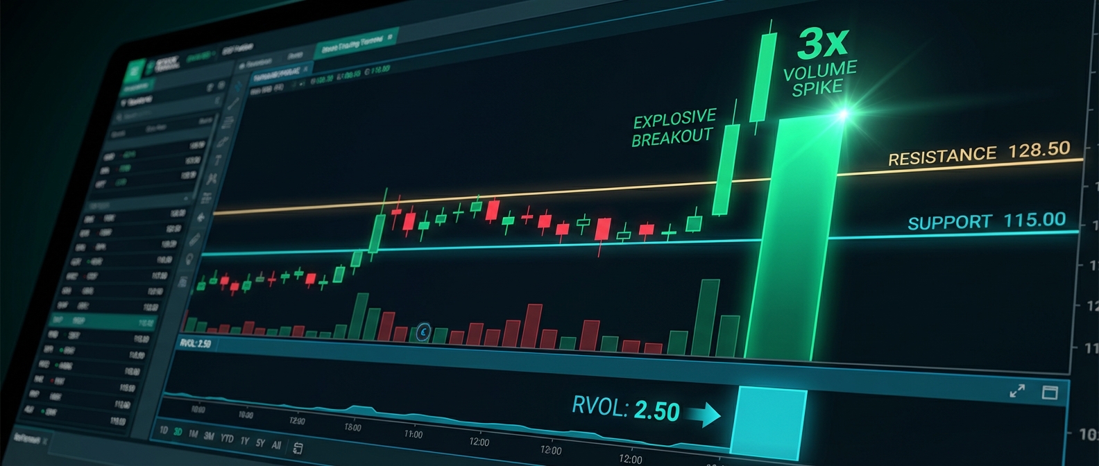 stock chart displaying volume spike at breakout level with RVOL confirmation for day trading setup