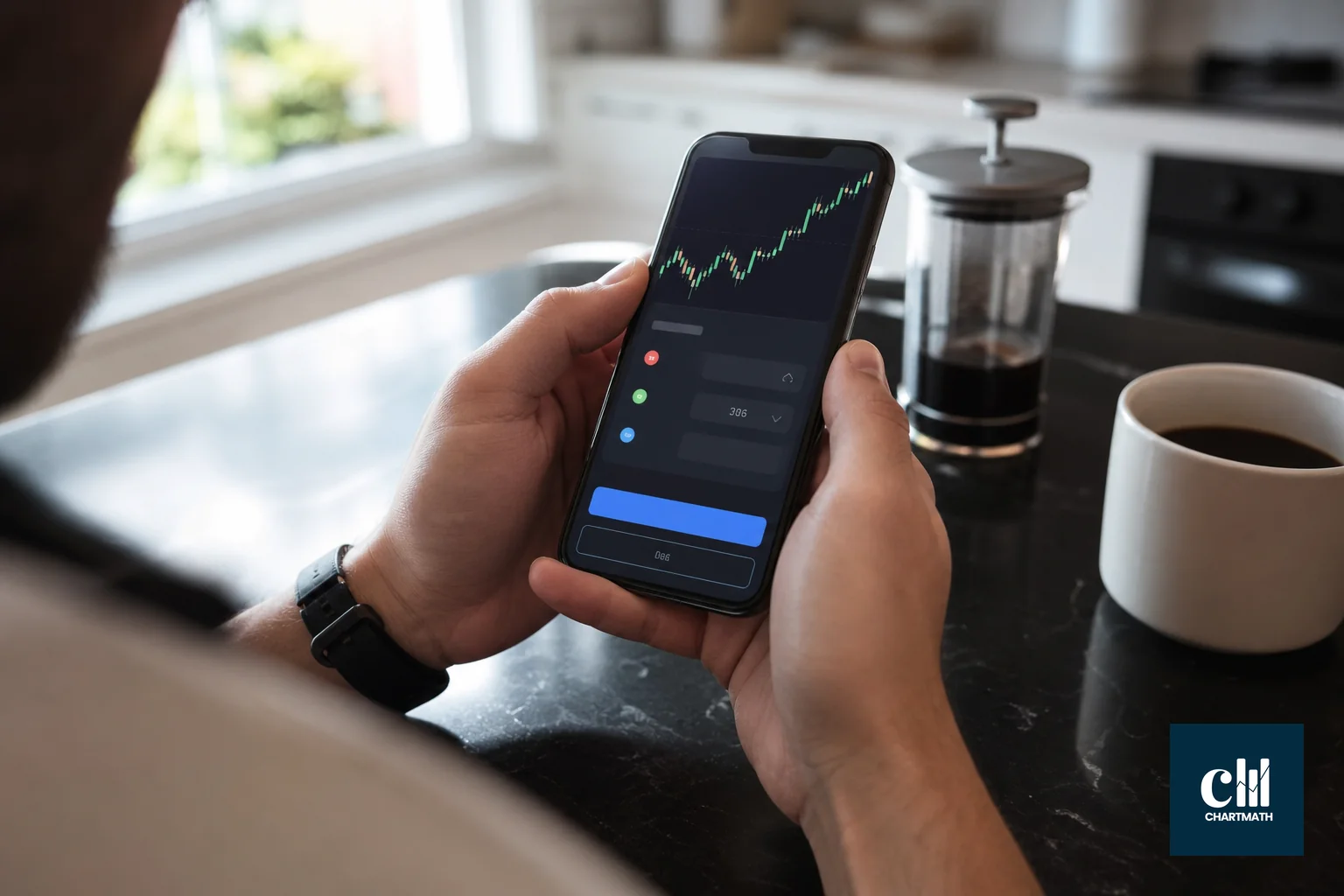 Close-up of hands holding a phone reviewing a trade order screen with stop and target values, at a kitchen table. photorealistic close-up photo of hands holding a smartphone at a kitchen table, reviewing a trading app order confirmation