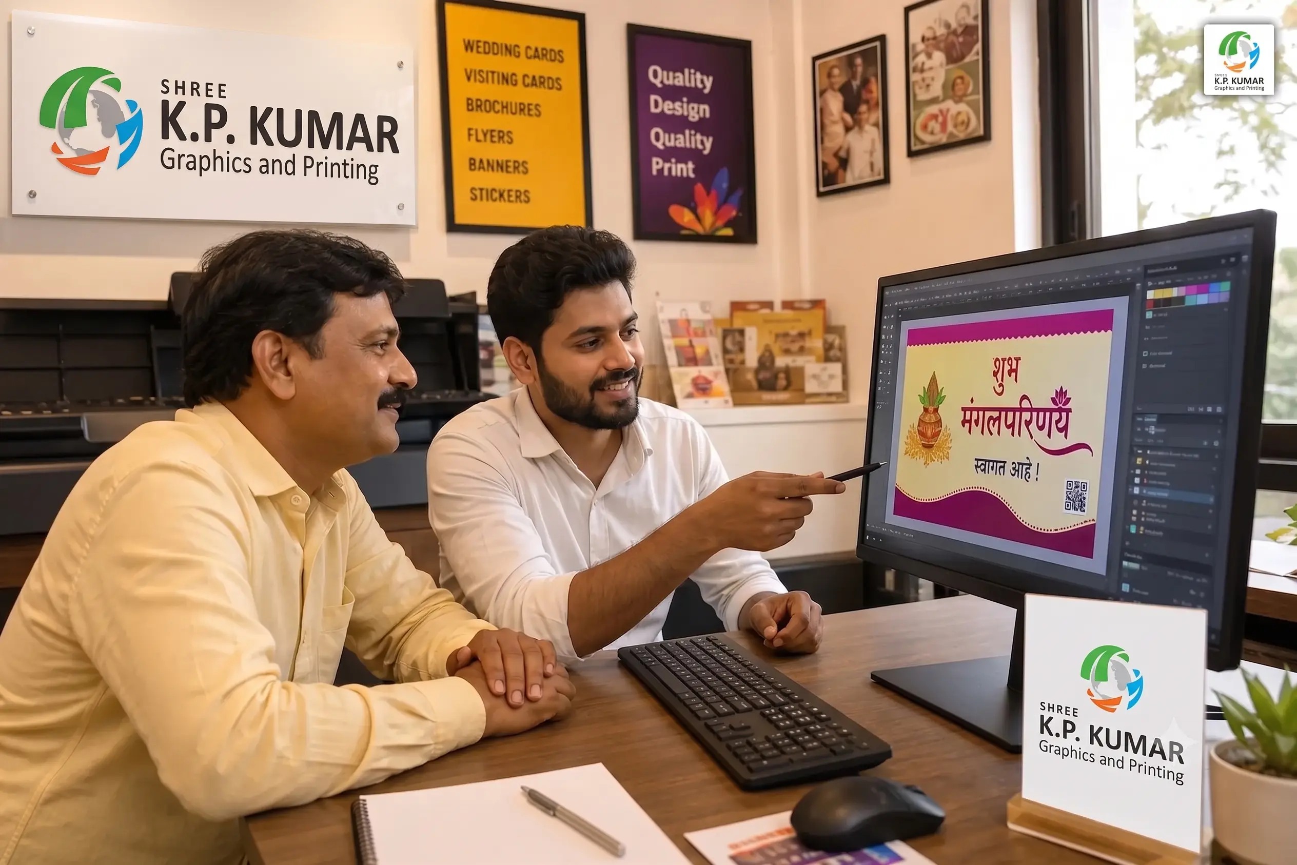 Small business owner consulting with a graphic designer at a print shop over a banner layout on screen