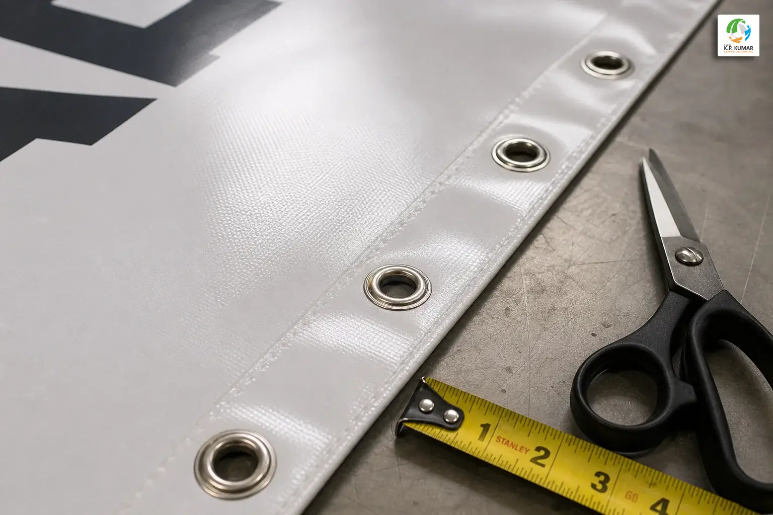 Close-up of metal grommets and hemmed edges on a professionally finished outdoor flex banner