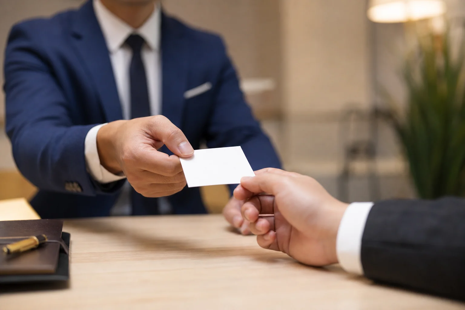 Professional handing a premium visiting card during a business meeting