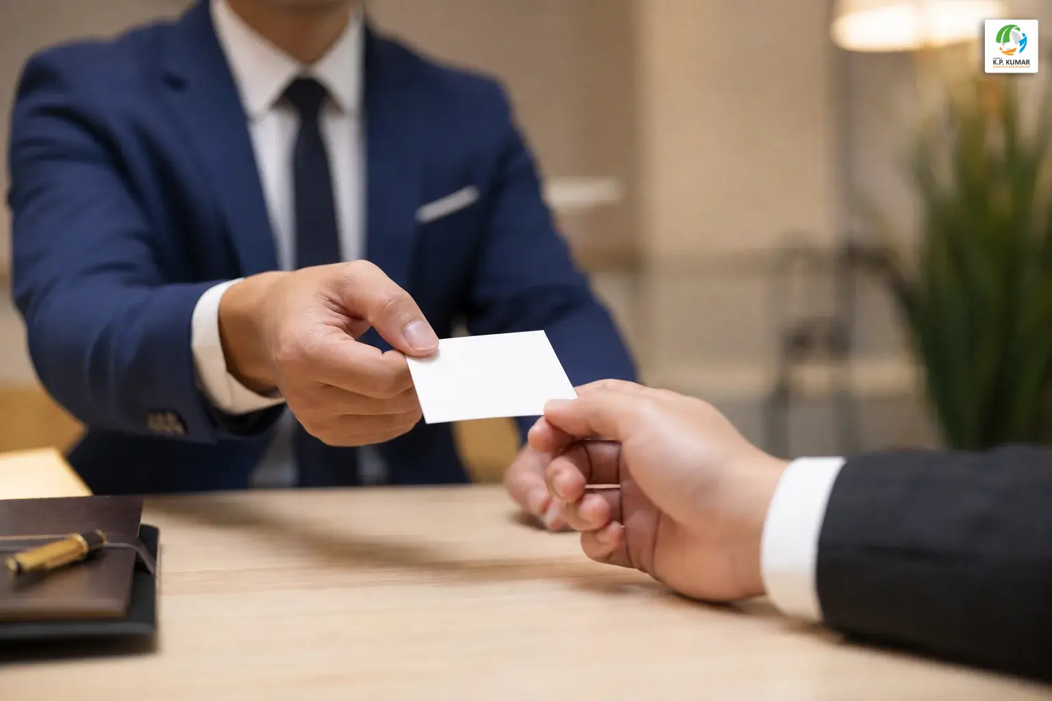 Professional handing a premium visiting card during a business meeting