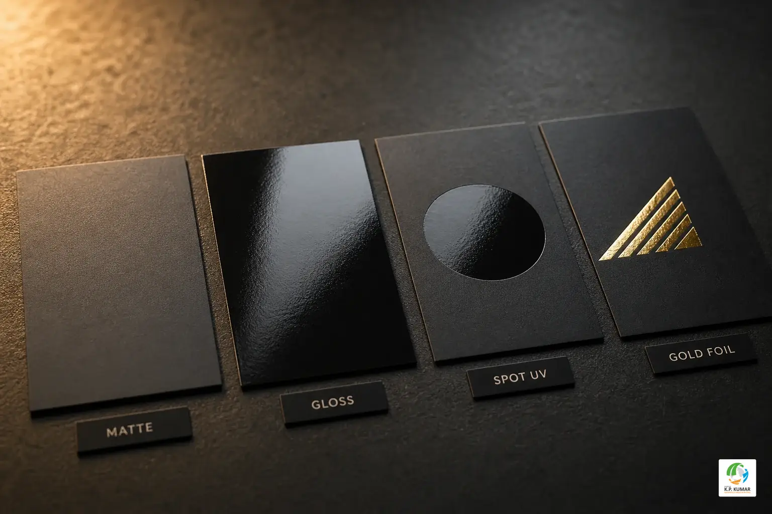 Four visiting card samples showing matte, glossy, spot UV, and gold foil finishes side by side