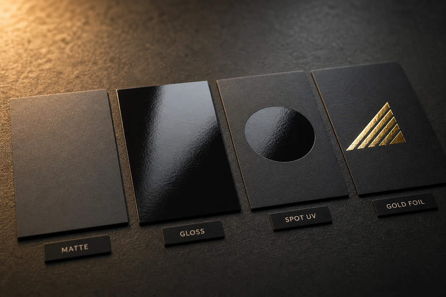 Four visiting card samples showing matte, glossy, spot UV, and gold foil finishes side by side