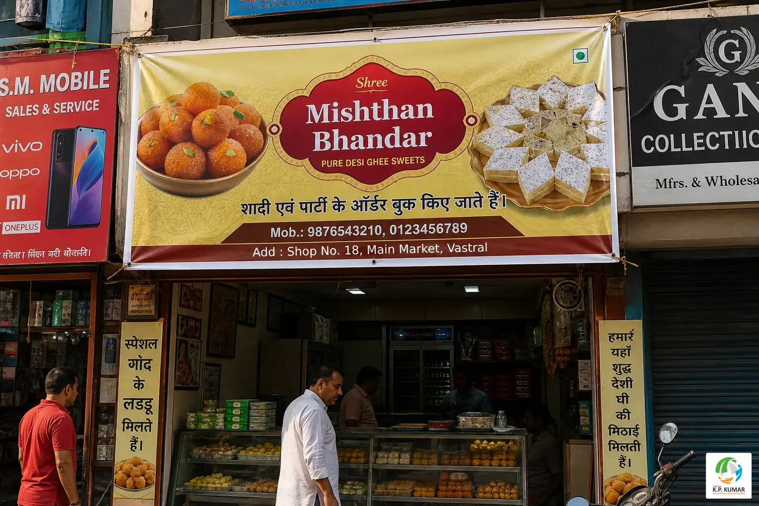 Professionally printed flex banner mounted on a shop front in an Ahmedabad market