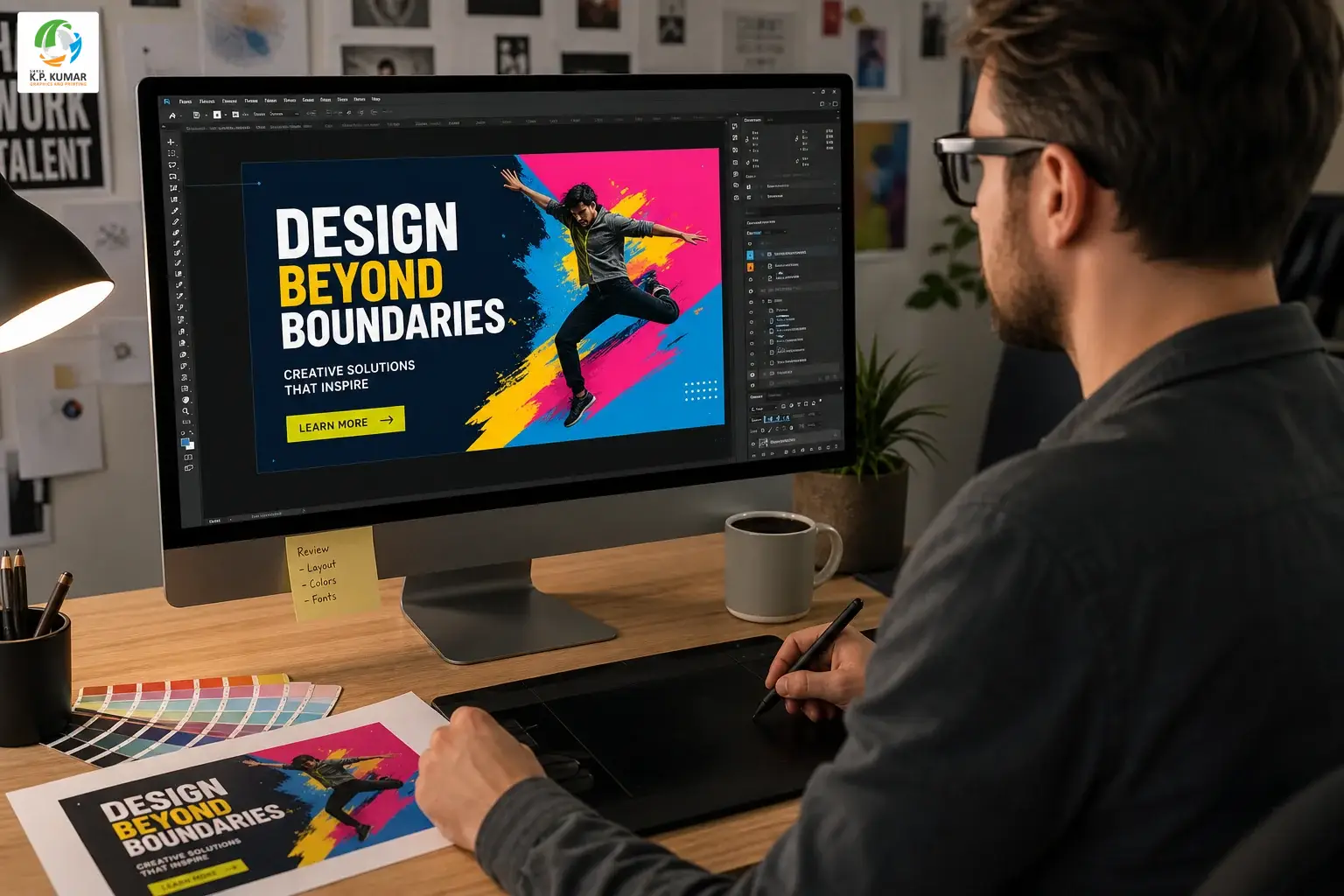 Graphic designer creating a flex banner layout on a computer screen