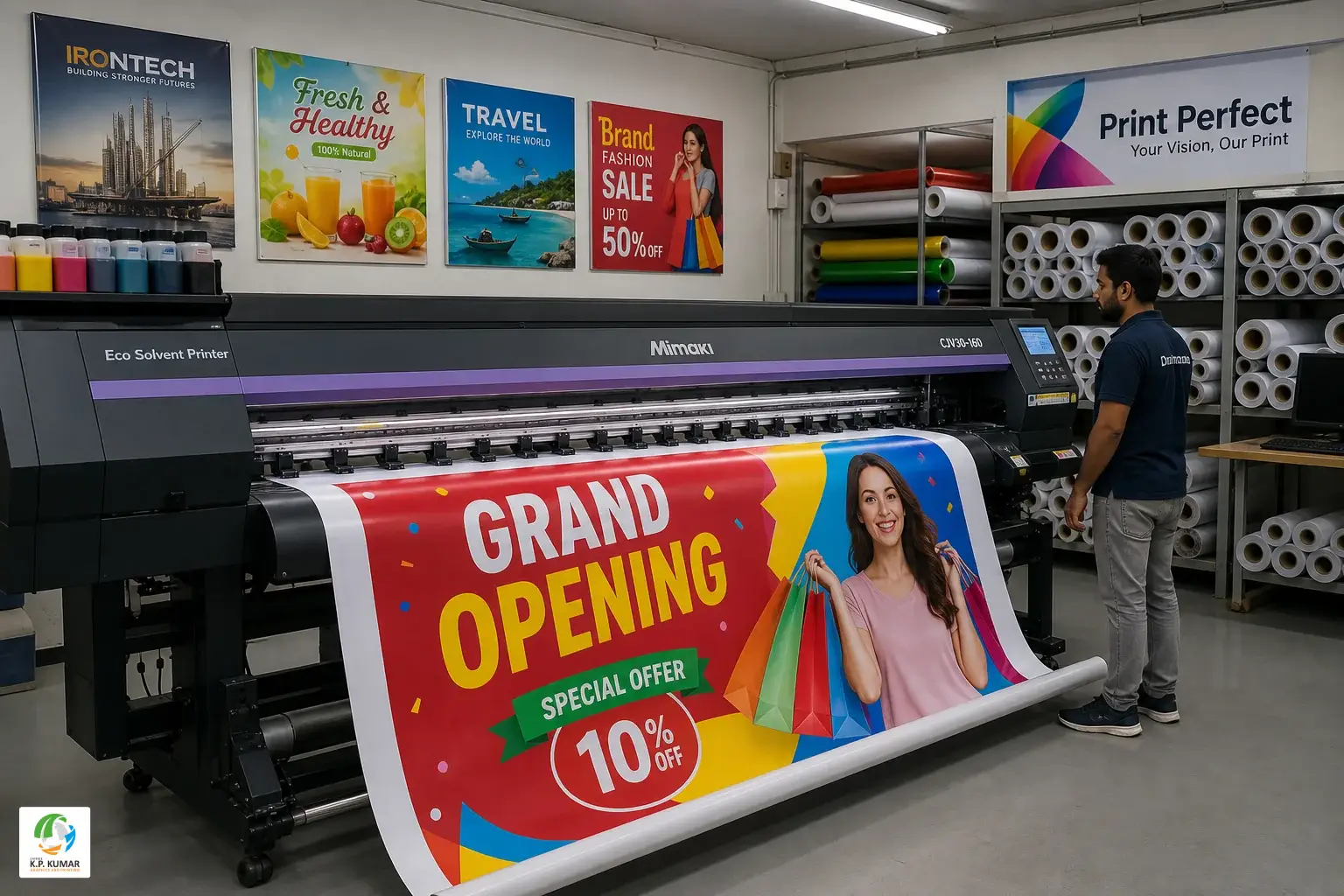 Wide-format flex banner printing machine in operation at a professional print shop