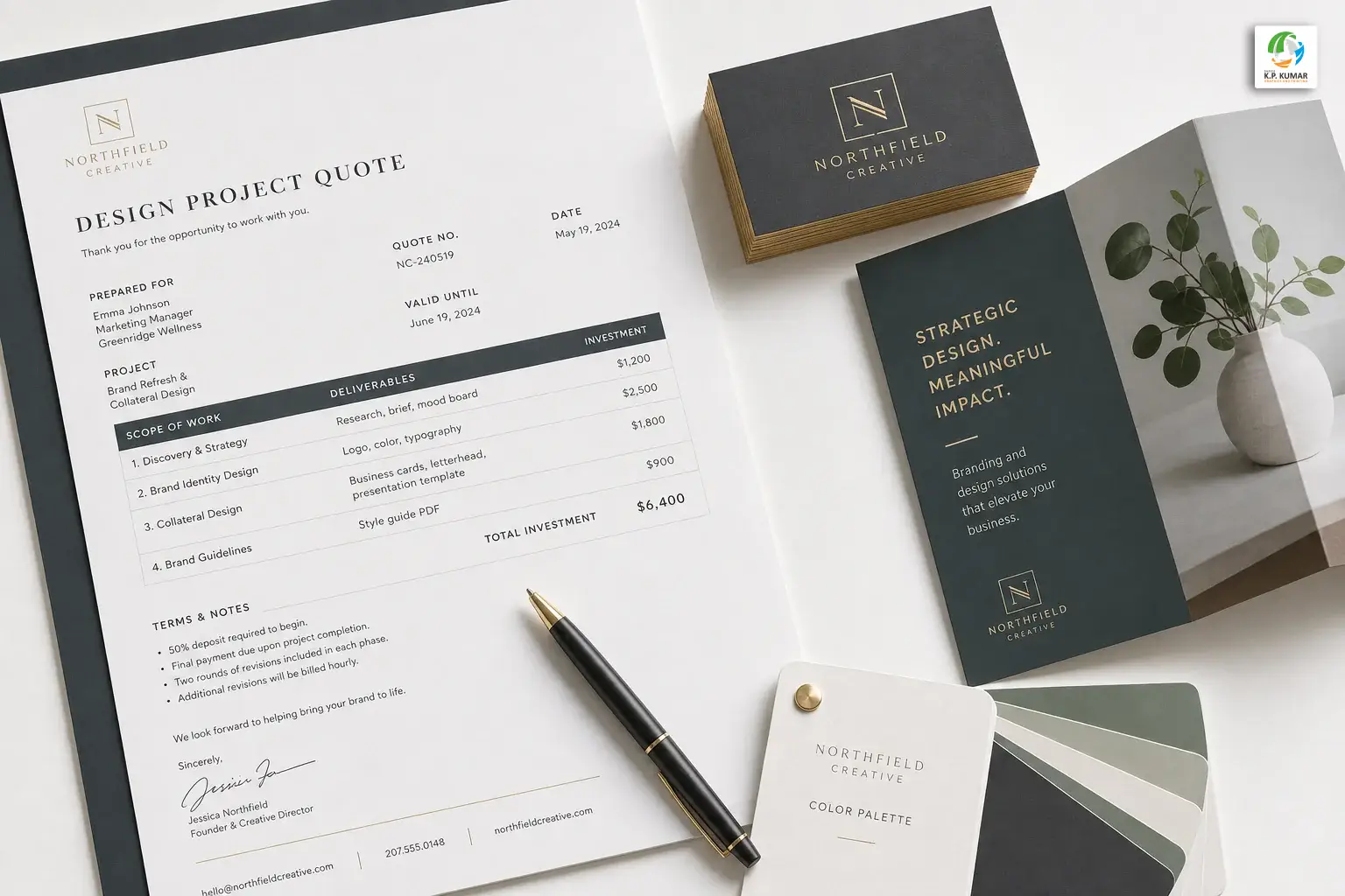Printed design quote document alongside gold foil business cards, brochure, and color swatches on a white desk