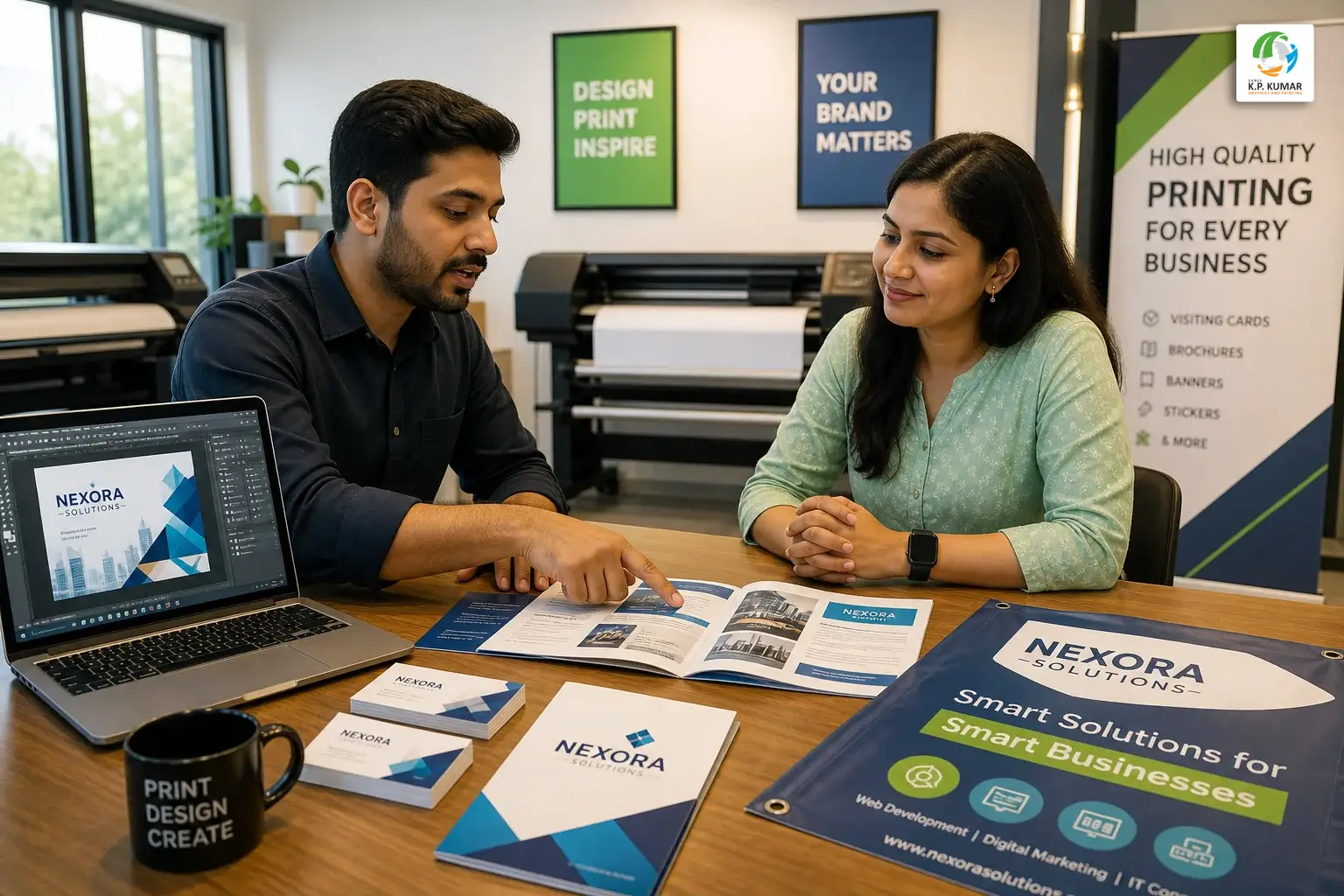 Graphic designer and small business owner reviewing printed design proofs together at a studio table