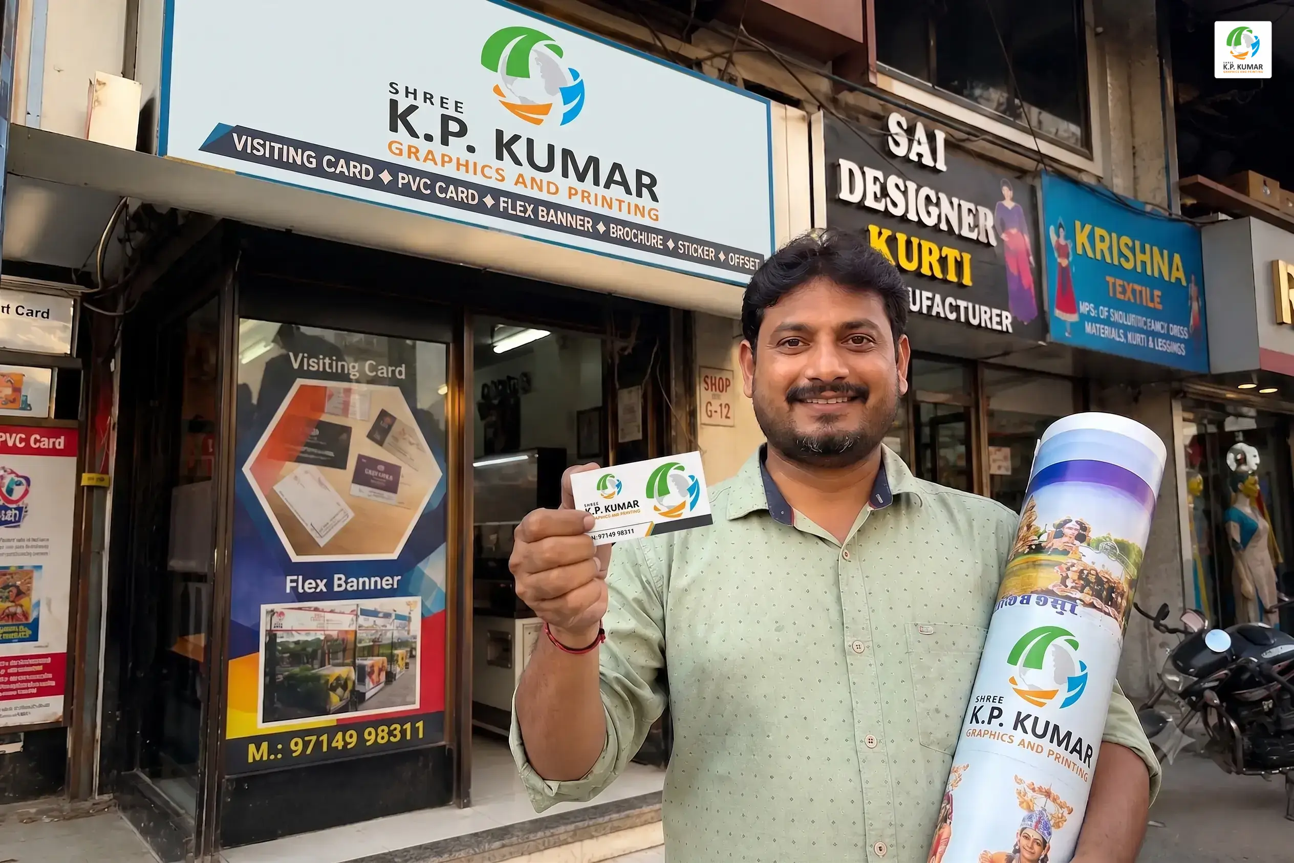Smiling Indian small business owner holding freshly printed visiting cards and a flex banner outside a colorful shop in Ahmedabad