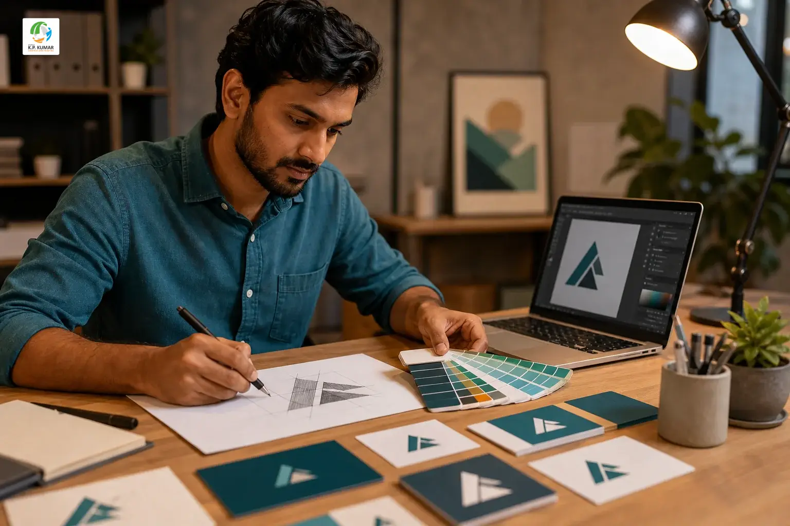 Graphic designer reviewing brand identity materials including colour swatches, logo sketches and printed business card samples at a studio desk