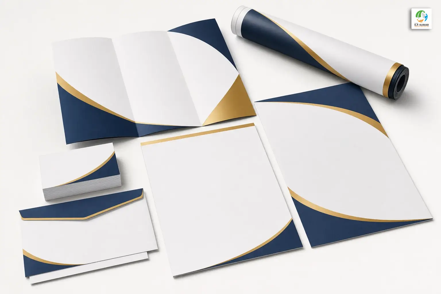 Complete business brand kit showing visiting cards, brochure, flex banner, poster, envelopes and letterhead spread on a white surface
