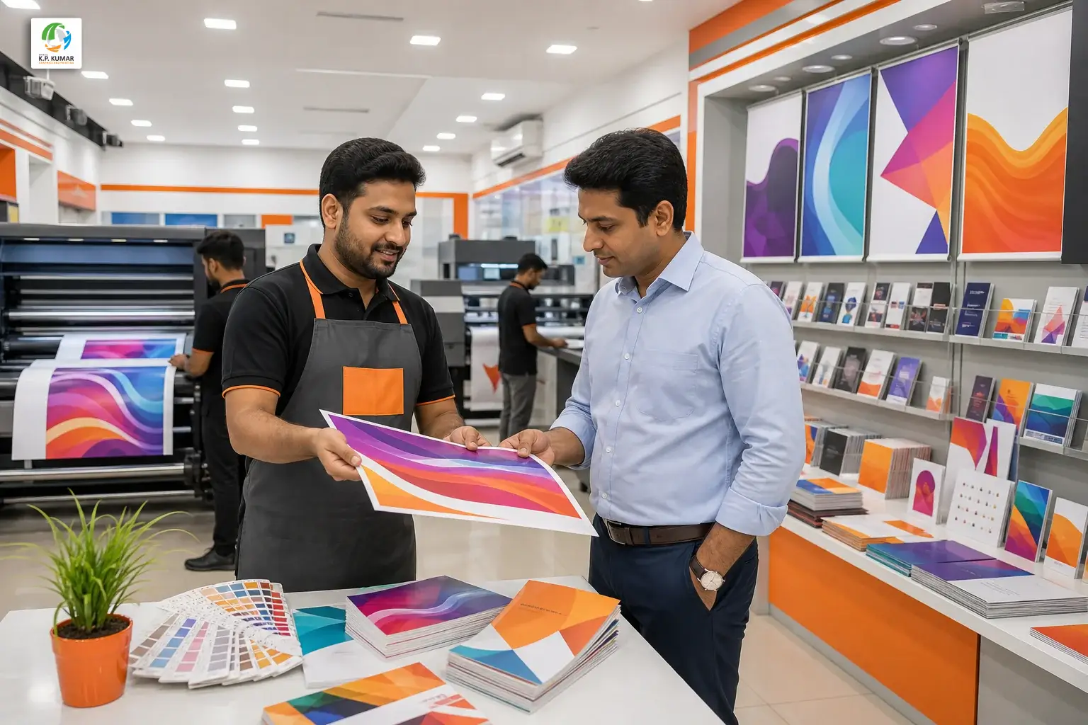 Staff member at a local Ahmedabad print shop showing printed samples to a business customer, with printing machines and display wall visible in background