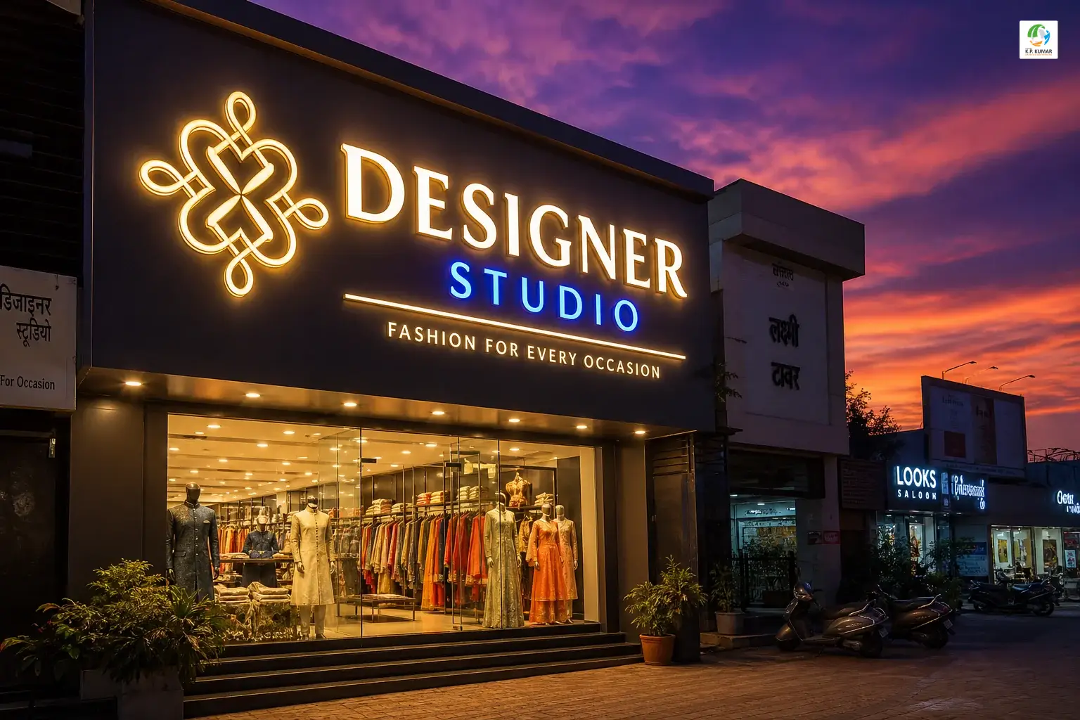 Glowing LED channel letter signboard on a modern Indian shopfront at dusk in Ahmedabad