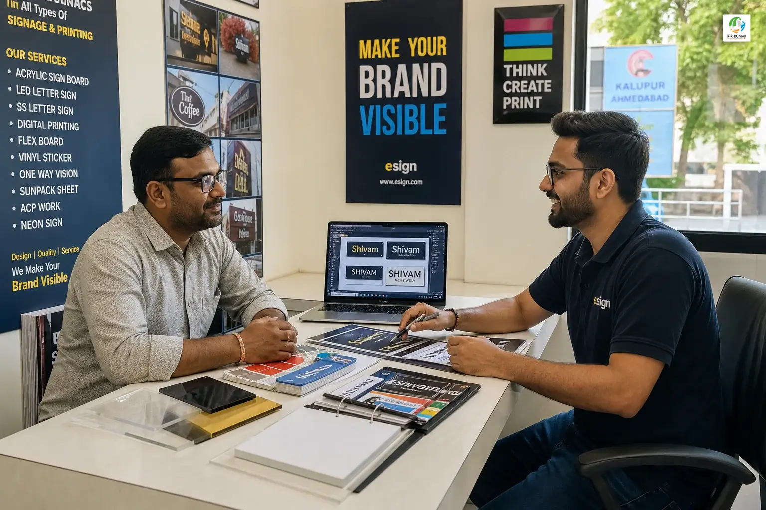 Business owner consulting with a print shop designer over signboard material samples in a local Ahmedabad print shop