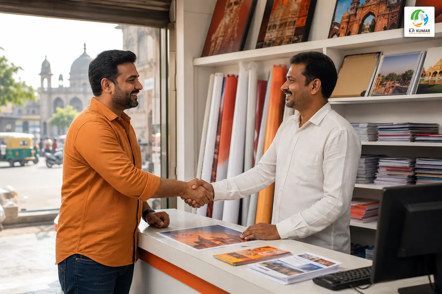 Local business owner shaking hands with print shop staff member in Ahmedabad, with printed products visible in background