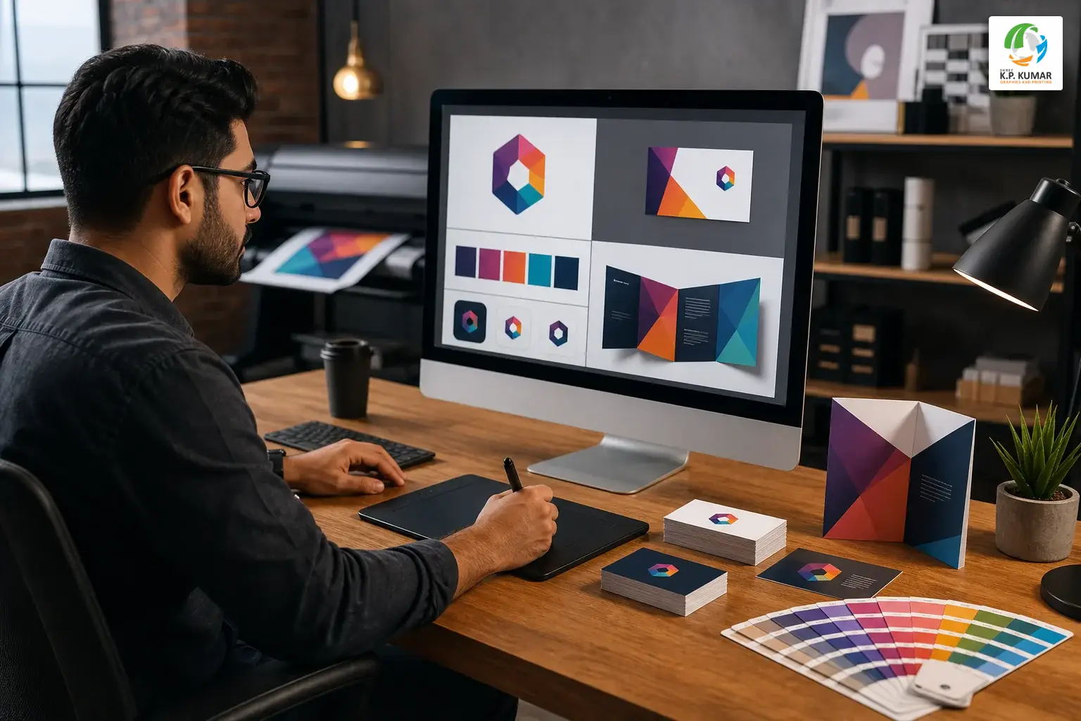 Graphic designer working on brand identity and brochure layout on a computer screen in a print studio