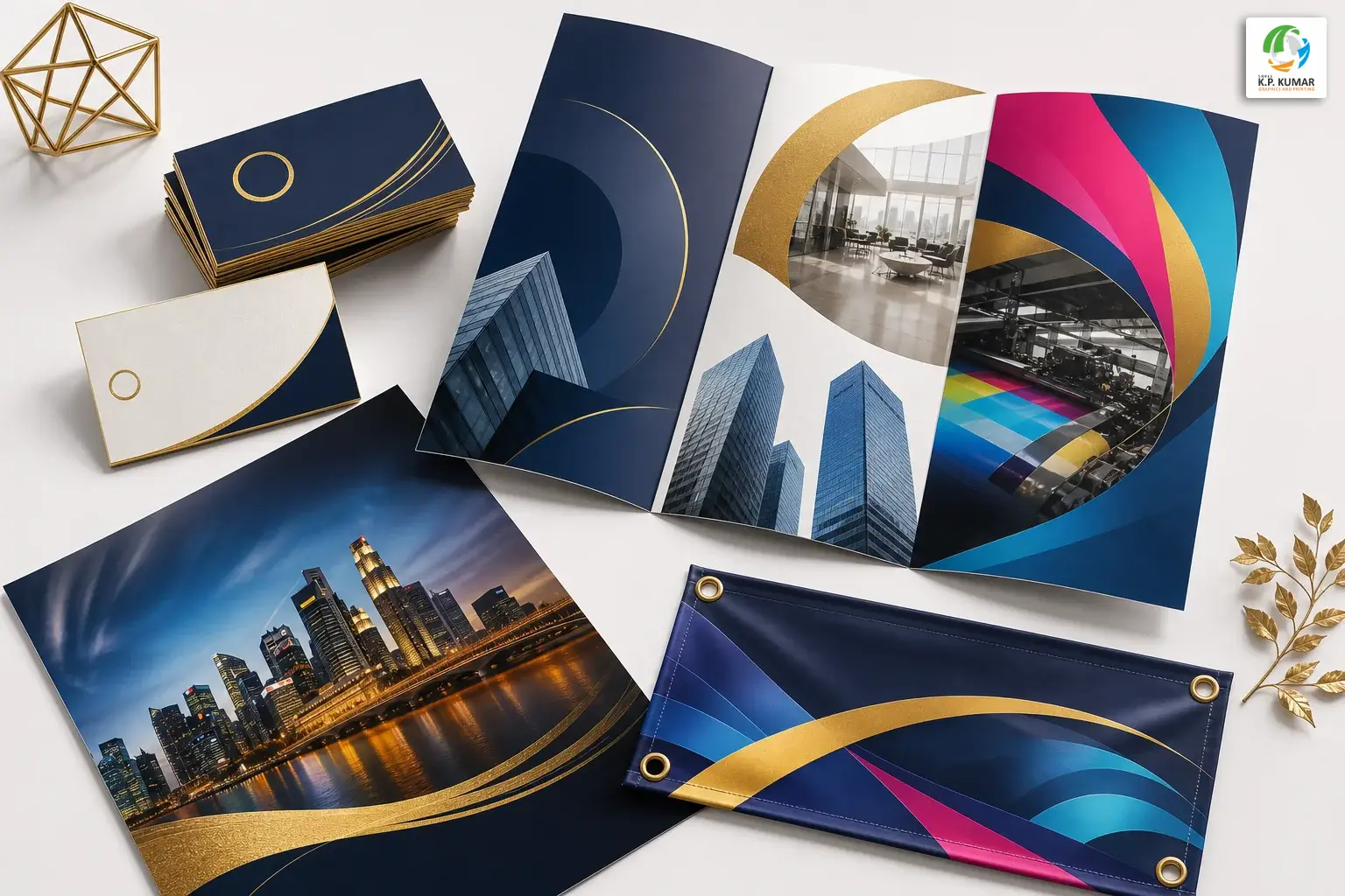 Flat lay of premium printed materials including gold foil visiting cards, brochure, and poster samples